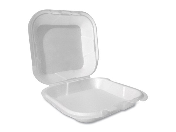 Foam Hinged Lid Container, Secure Two Tab Latch, Poly Bag, 8 x 8.56 x 2.76, White, 100/Sleeve, 2 Sleeves/Bag, 1 Bag/Pack